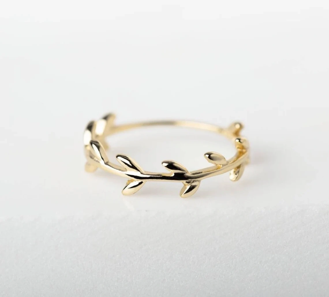 10K Solid Gold Tiny leaf Ring Handmade Delicate Stacking Branch Vine Ring Dainty Minimalist Statement Gold knuckle Skinny Bohu leaves Ring-10 3/4 US/Uk size – V-3