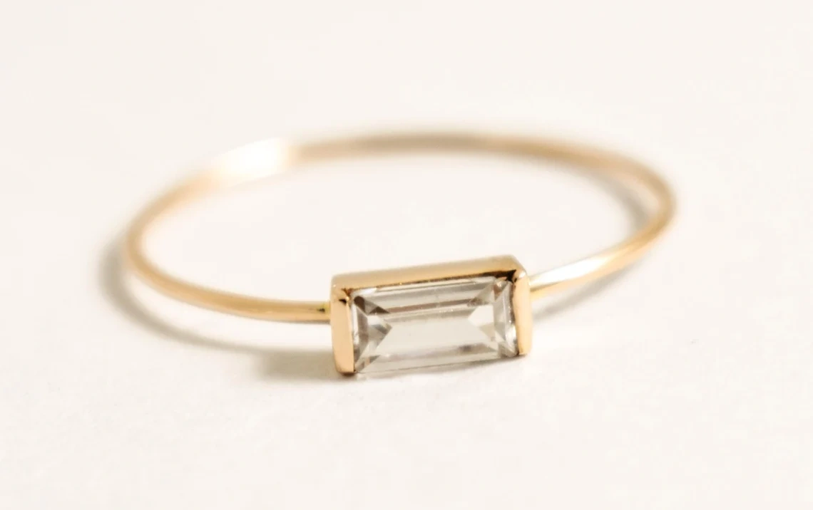 10K Solid Gold Baguette White Crystal 10K Solid Gold Ring Dainty Crystal Minimalist Delicate Ring Light Weighted Inset Stone Handmade Ring-11399960