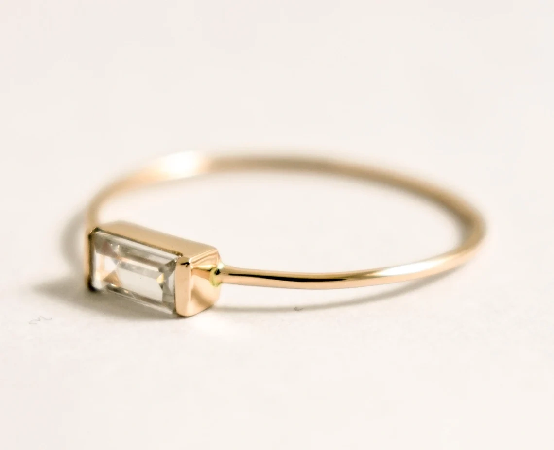 10K Solid Gold Baguette White Crystal 10K Solid Gold Ring Dainty Crystal Minimalist Delicate Ring Light Weighted Inset Stone Handmade Ring-10 3/4 US/Uk size – V-1