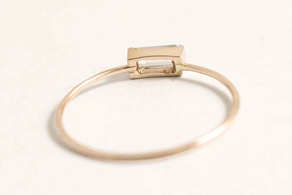 10K Solid Gold Baguette White Crystal 10K Solid Gold Ring Dainty Crystal Minimalist Delicate Ring Light Weighted Inset Stone Handmade Ring-10 3/4 US/Uk size – V-2