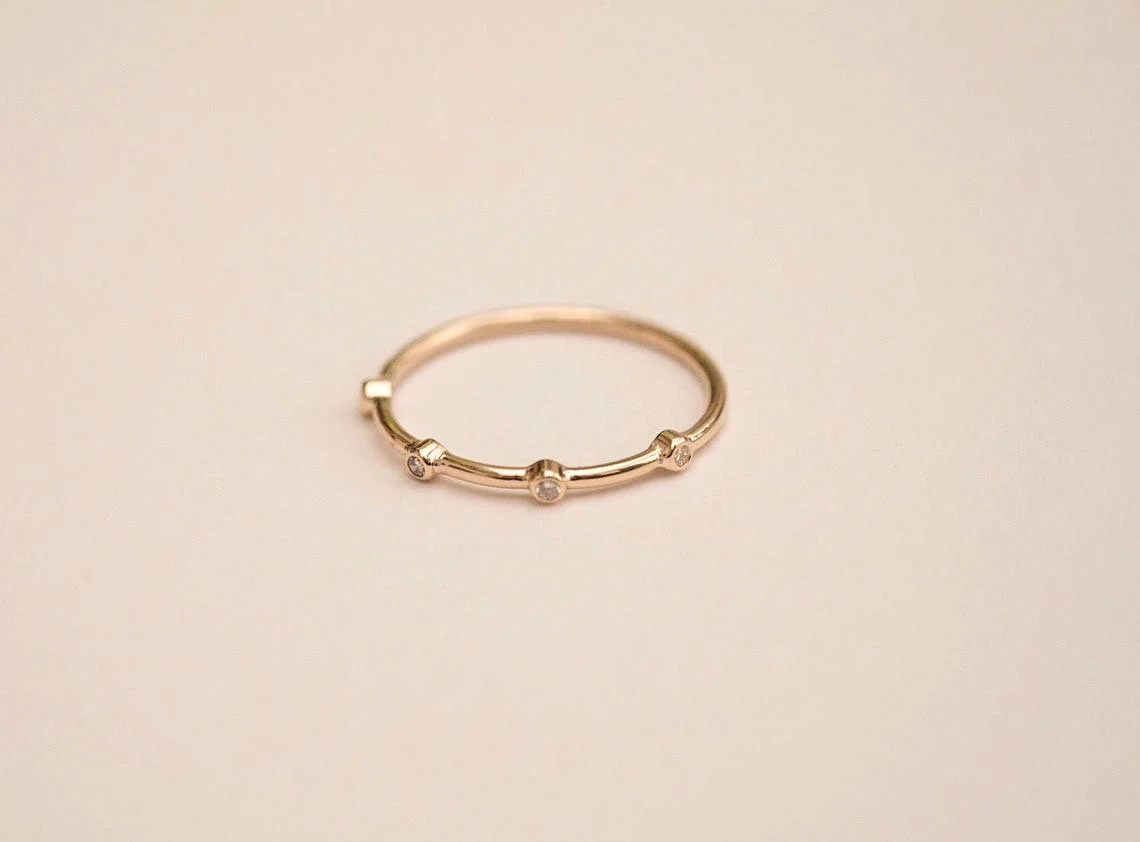 14K Solid Gold Tiny Diamond Plain Ring Handmade Dainty Inset Diamond Delicate Stacking Precious Gemstone Ring Minimal Everyday Ring for Her-10 3/4 US/Uk size – V-2