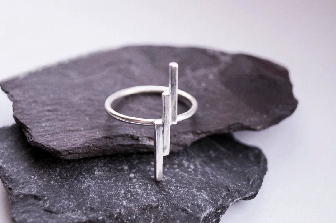 925 Sterling Silver Solid Long Lighting Bolt Zig Zag Ring Handmade Dainty Stacking Ring Silver Simple Minimalist Unique thunderbolt Ring-11400520