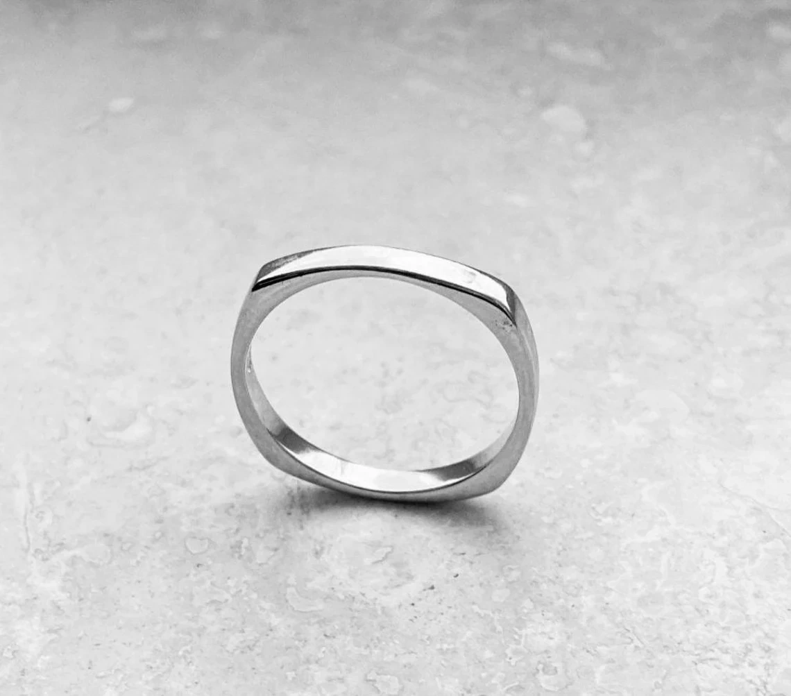 925 Sterling Silver Solid Skinny Smooth Plain Square Band Handmade Delicate Dainty Stacking Simple Silver Ring Minimalist Geometric Band-11400596