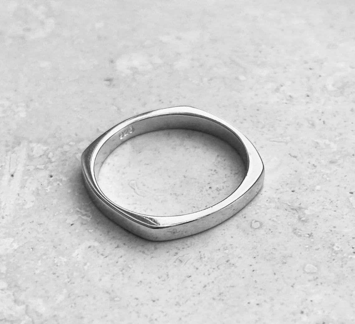 925 Sterling Silver Solid Skinny Smooth Plain Square Band Handmade Delicate Dainty Stacking Simple Silver Ring Minimalist Geometric Band-10 3/4 US/Uk size – V-1