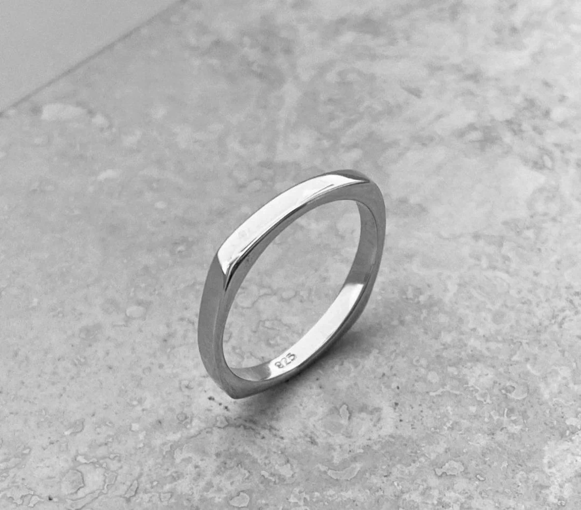 925 Sterling Silver Solid Skinny Smooth Plain Square Band Handmade Delicate Dainty Stacking Simple Silver Ring Minimalist Geometric Band-10 3/4 US/Uk size – V-2