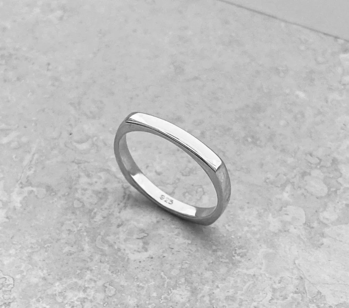 925 Sterling Silver Solid Skinny Smooth Plain Square Band Handmade Delicate Dainty Stacking Simple Silver Ring Minimalist Geometric Band-10 3/4 US/Uk size – V-5