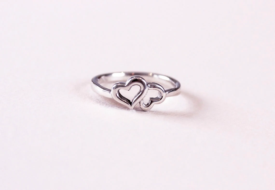 925 Sterling Silver Tiny Open Double Heart Ring love Silver ring Stacking Solid handmade Dainty Modern Simple Minimalist Statement Ring-11401602