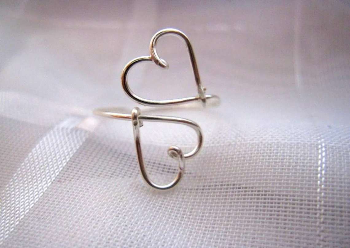 925 Sterling Silver Sideways Double Open Heart Wired Adjustable Ring Silver Stacking Solid Handmade Dainty Simple Minimalist wire ring-11401676