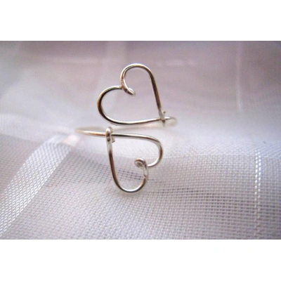 925 Sterling Silver Sideways Double Open Heart Wired Adjustable Ring Silver Stacking Solid Handmade Dainty Simple Minimalist wire ring