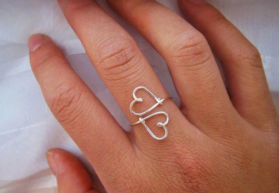 925 Sterling Silver Sideways Double Open Heart Wired Adjustable Ring Silver Stacking Solid Handmade Dainty Simple Minimalist wire ring-10 3/4 US/Uk size – V-1