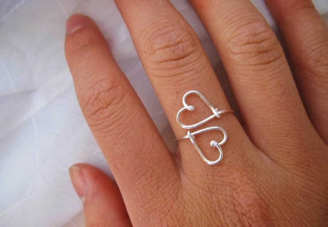 925 Sterling Silver Sideways Double Open Heart Wired Adjustable Ring Silver Stacking Solid Handmade Dainty Simple Minimalist wire ring-10 3/4 US/Uk size – V-2