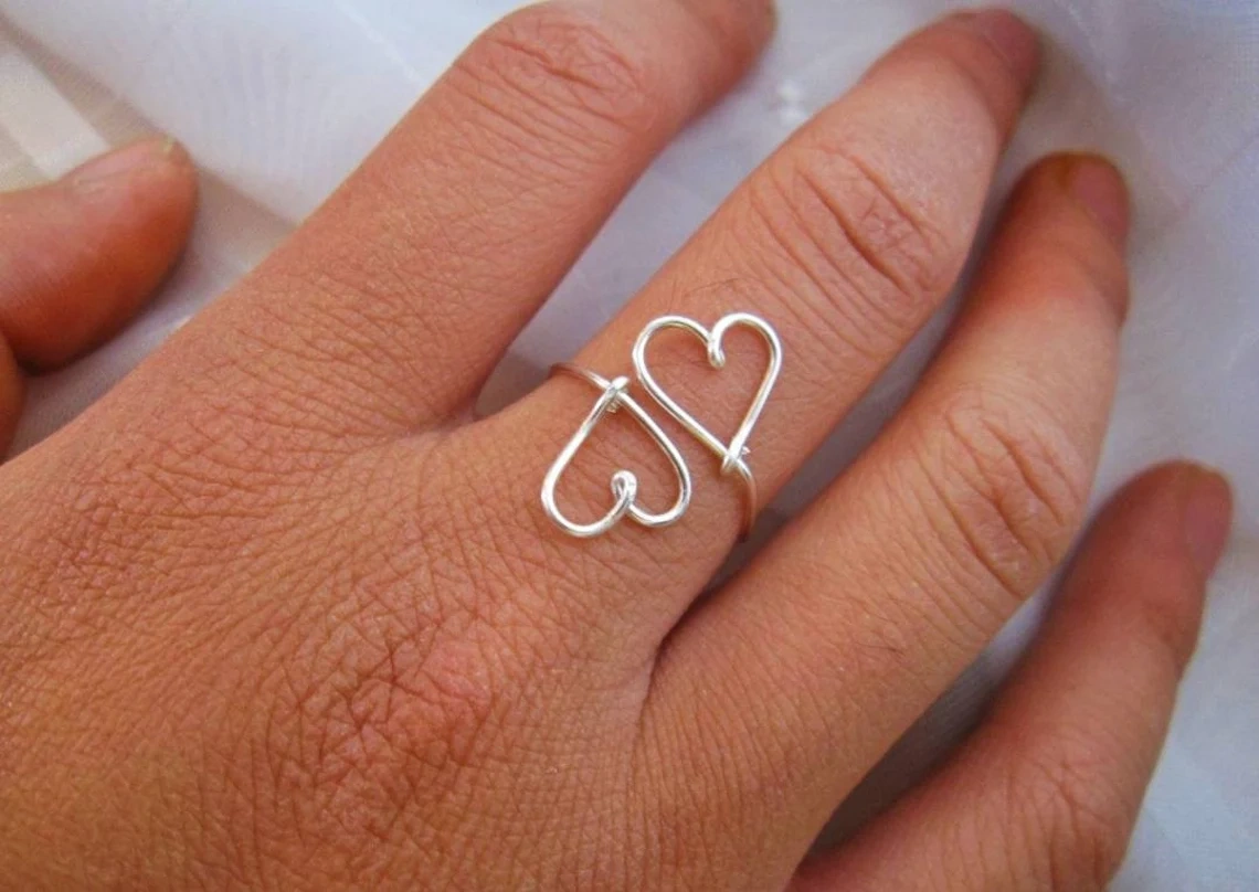 925 Sterling Silver Sideways Double Open Heart Wired Adjustable Ring Silver Stacking Solid Handmade Dainty Simple Minimalist wire ring-10 3/4 US/Uk size – V-3