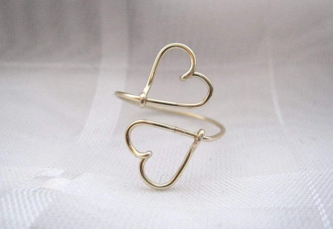 14K Gold Ring Solid Gold Double Sideways Open Heart Shape Wired Adjustable Ring Stacking Dainty Love Minimalist ring handmade Unique Ring-11401834