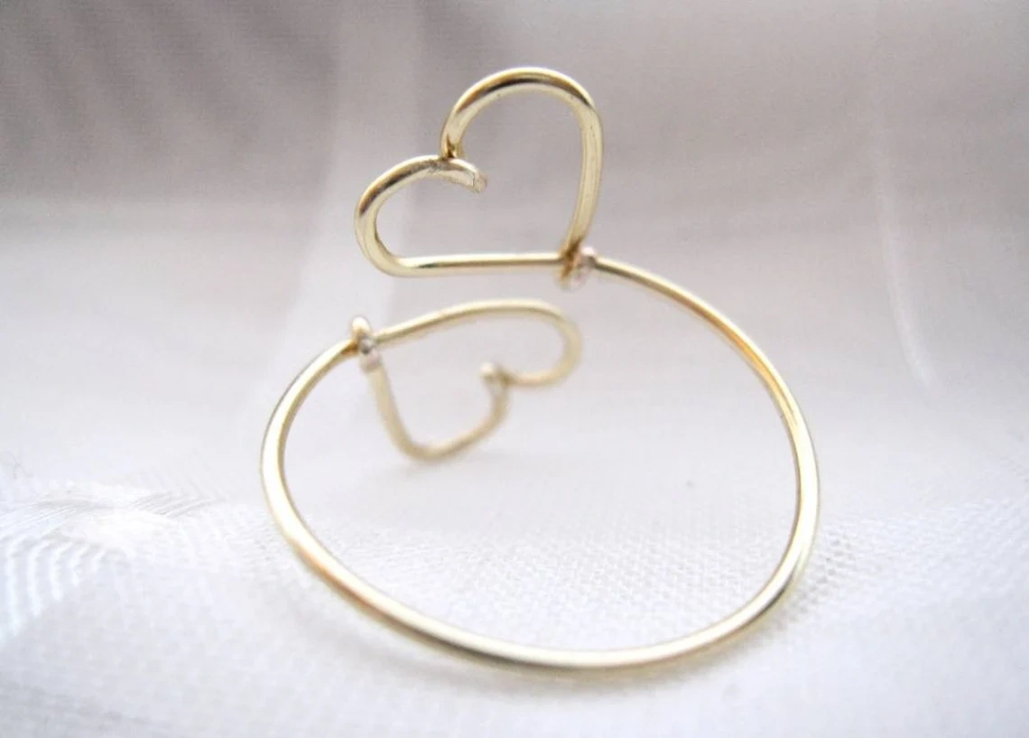 14K Gold Ring Solid Gold Double Sideways Open Heart Shape Wired Adjustable Ring Stacking Dainty Love Minimalist ring handmade Unique Ring-10 3/4 US/Uk size – V-1