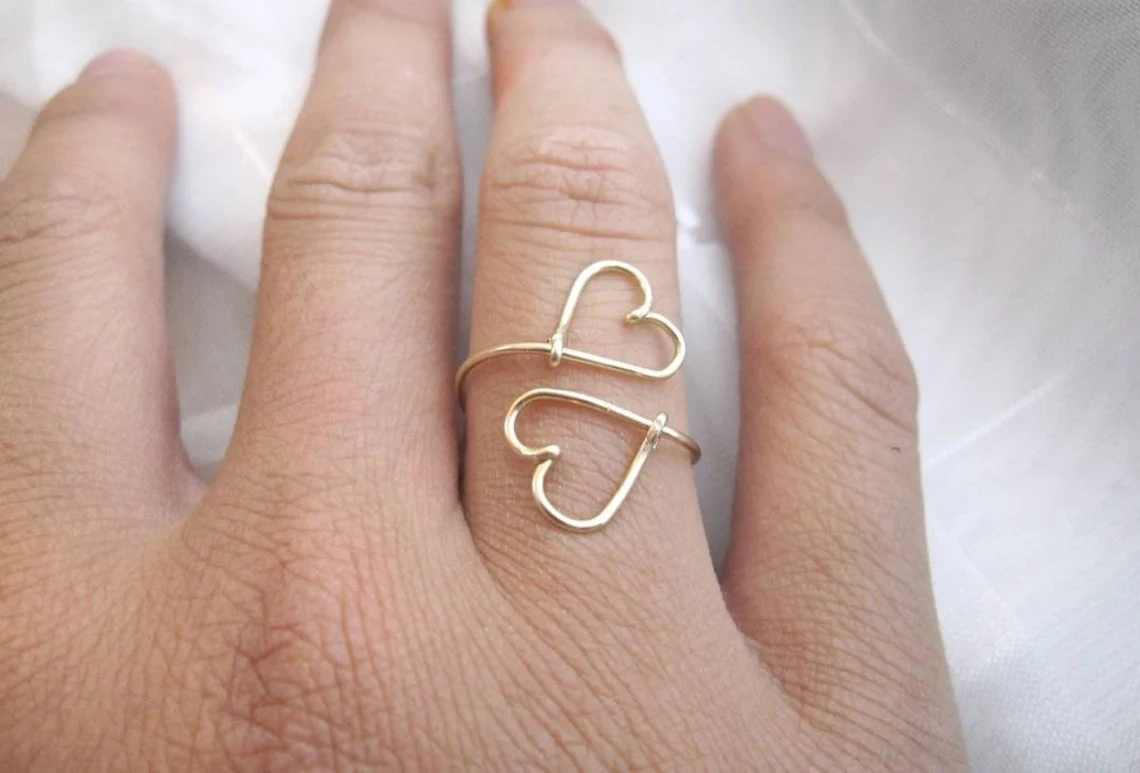 14K Gold Ring Solid Gold Double Sideways Open Heart Shape Wired Adjustable Ring Stacking Dainty Love Minimalist ring handmade Unique Ring-10 3/4 US/Uk size – V-2