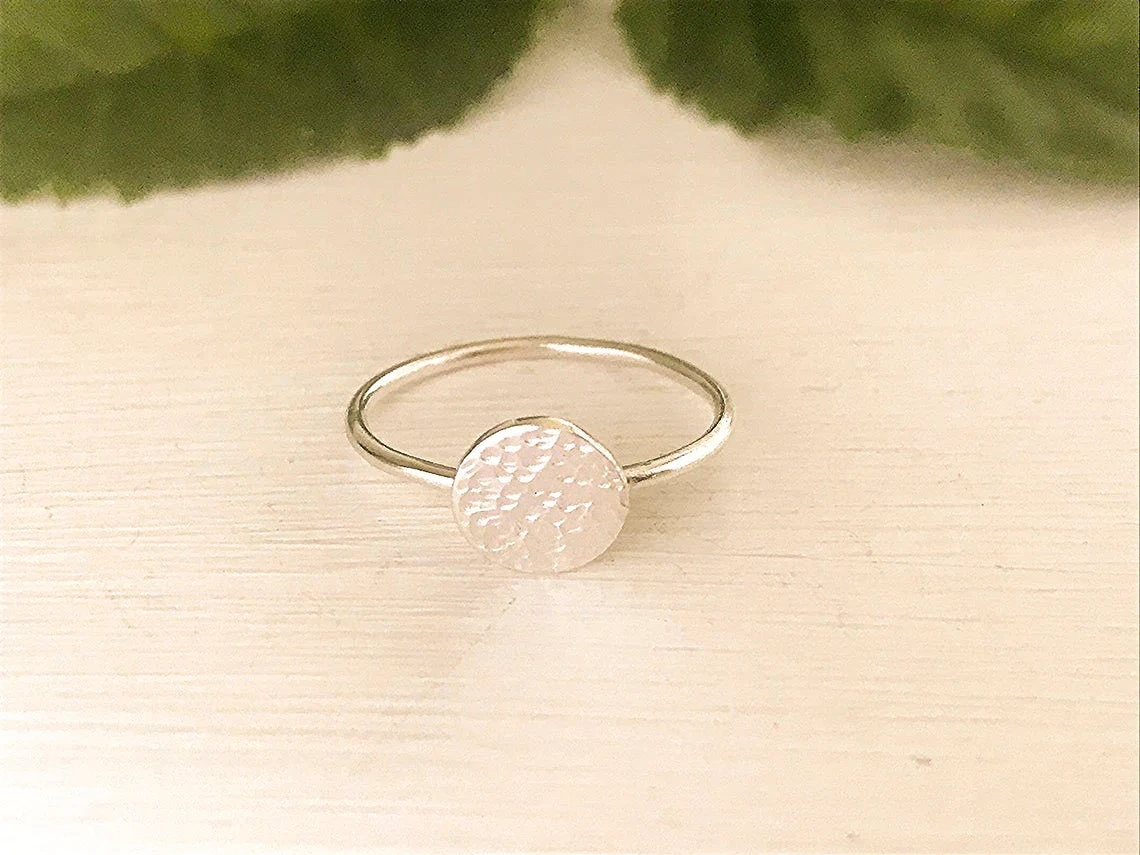 925. Sterling Silver Hammered Disc Ring Handmade Textured Eco Silver Dainty Stacking Coin Ring Minimalist Jewelry Silver Geometric Ring-10 3/4 US/Uk size – V-2