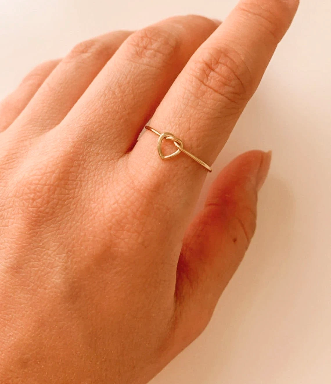 14K Solid Gold Thin Unique Heart Knot Skinny Ring Handmade Plain Stacking Modern Dainty Ring Minimalist Geometric Statement Wedding Ring-10 3/4 US/Uk size – V-1