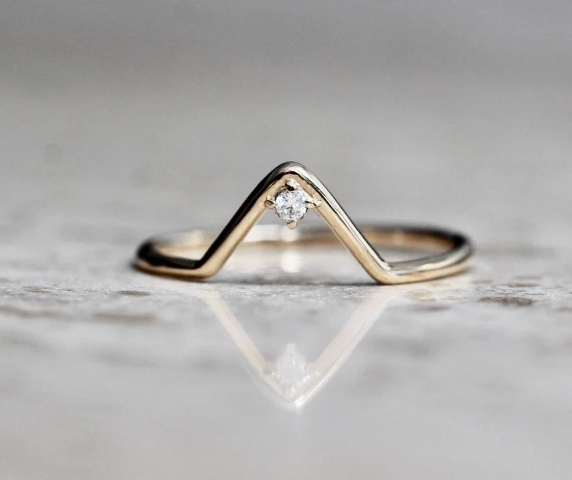 10K Solid Gold Chervron V Shape Double Cut Diamond Ring Handmade Stacking Modernist Dainty Prong set Ring Geometric pointy Statement Ring-11403290