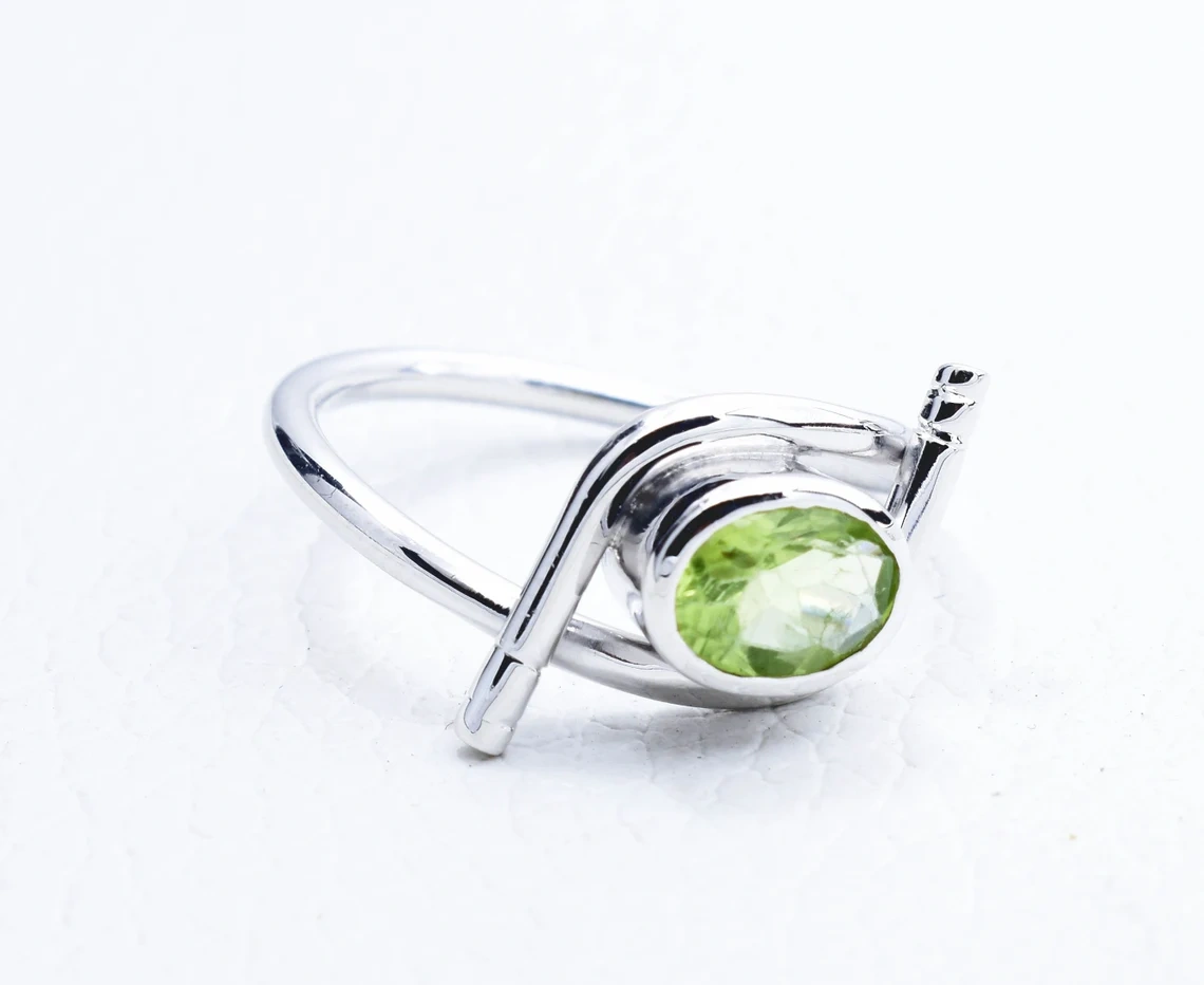 Peridot Studded Hand Carved 925 Sterling Silver Ring Faceted Oval Gemstone Organic Designer Ring Mothers' Day Gift For Her-10 3/4 US/Uk size – V-2