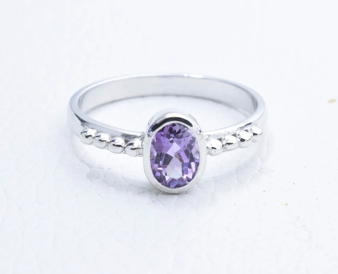 Natural Amethyst Studded Hand Carved Silver Ring, Gemstone Ring Oval Stone Organic Look Ring, Semi Precious Stone Jewelry Gift For Her-11403986