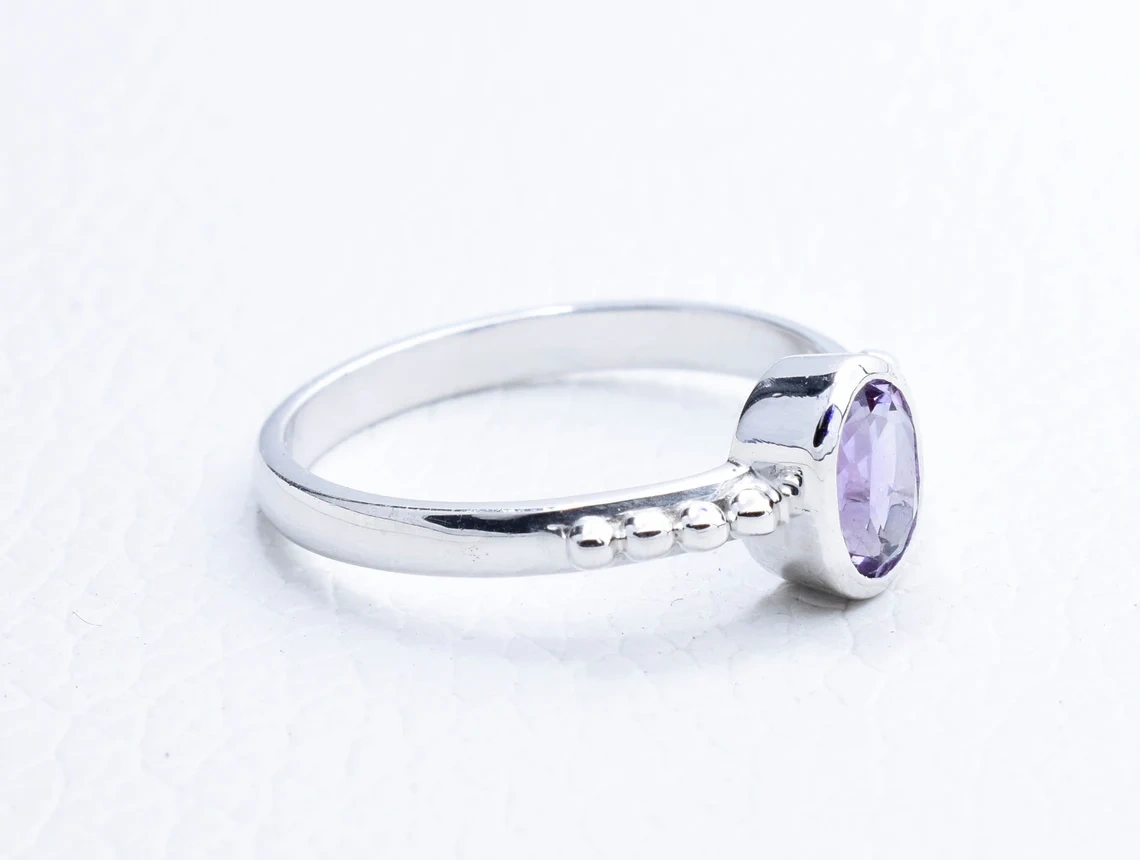 Natural Amethyst Studded Hand Carved Silver Ring, Gemstone Ring Oval Stone Organic Look Ring, Semi Precious Stone Jewelry Gift For Her-10 3/4 US/Uk size – V-2