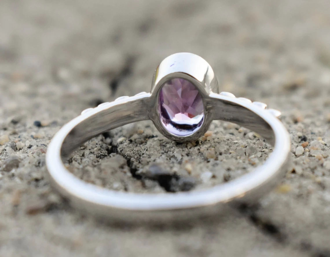 Natural Amethyst Studded Hand Carved Silver Ring, Gemstone Ring Oval Stone Organic Look Ring, Semi Precious Stone Jewelry Gift For Her-10 3/4 US/Uk size – V-4