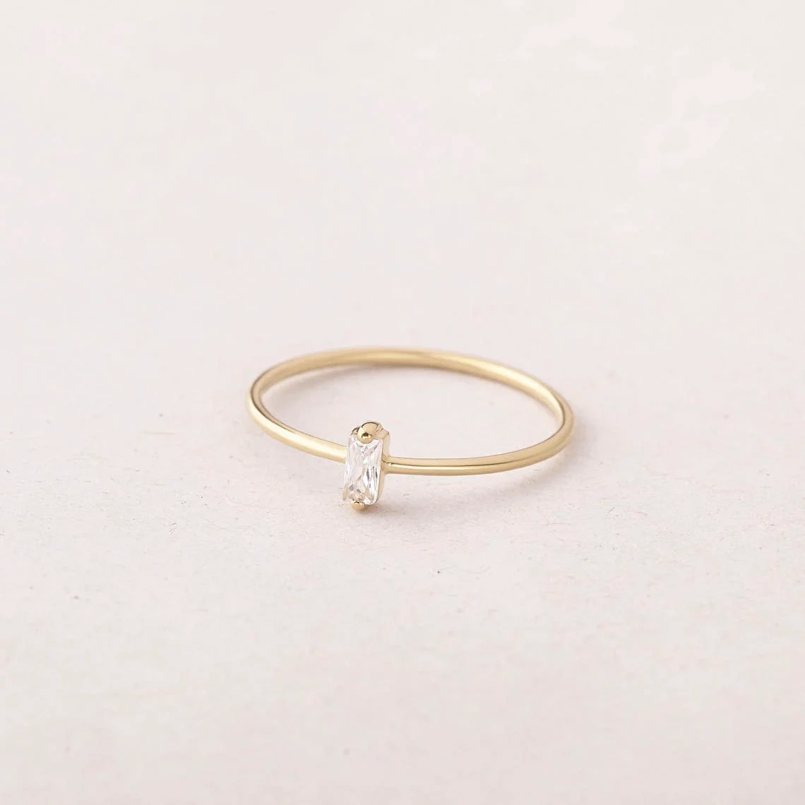 Baguette White Crystal 10K Solid Gold Ring Dainty Clear Crystal Prong Set Minimalist Delicate Ring Light Weighted Inset Stone Handmade Ring-11404142