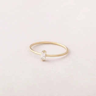 Baguette White Crystal 10K Solid Gold Ring Dainty Clear Crystal Prong Set Minimalist Delicate Ring Light Weighted Inset Stone Handmade Ring