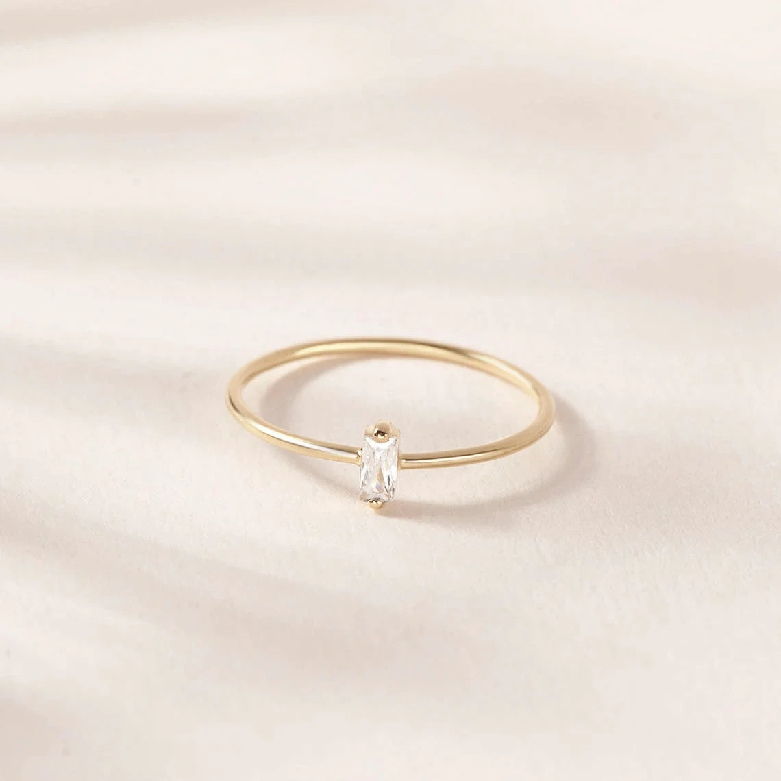 Baguette White Crystal 10K Solid Gold Ring Dainty Clear Crystal Prong Set Minimalist Delicate Ring Light Weighted Inset Stone Handmade Ring-10 3/4 US/Uk size – V-1