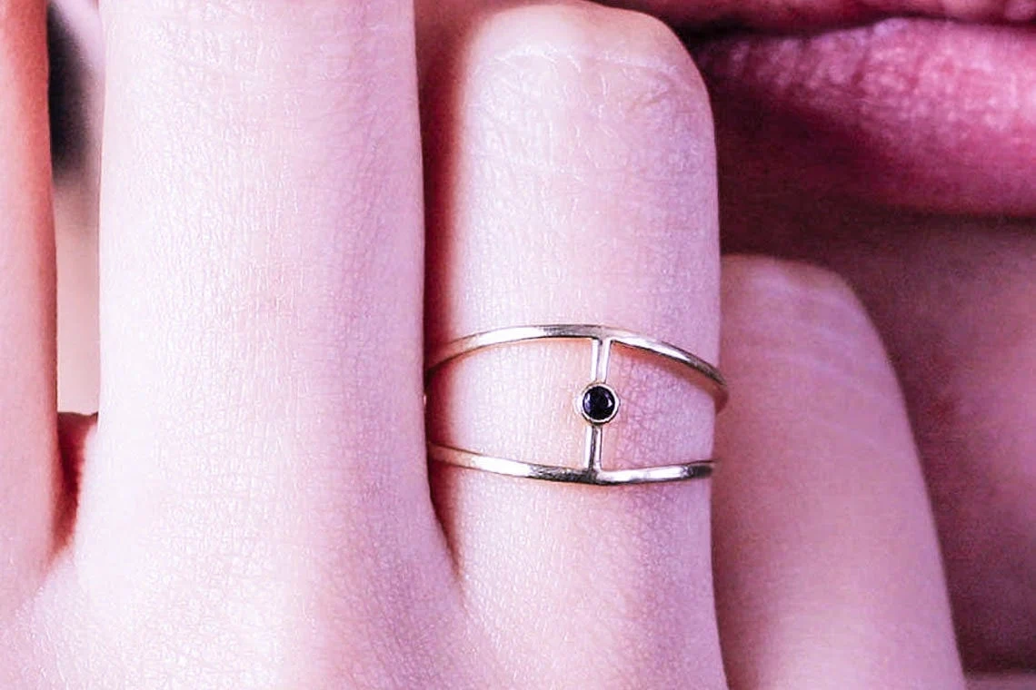 10K Solid Gold Black Diamond Split Shank Wire Ring Stacking Dainty Minimal Handmade Ring Geometric Double Band Delicate Women Cocktail Ring-10 3/4 US/Uk size – V-2