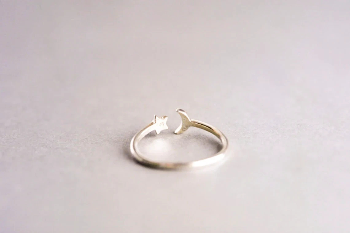 925 Sterling Silver Solid Moon Star Adjustable Ring Handmade Vintage Unique Style Dainty Stacking Open Ring Simple Minimalist Unisex Ring-10 3/4 US/Uk size – V-2