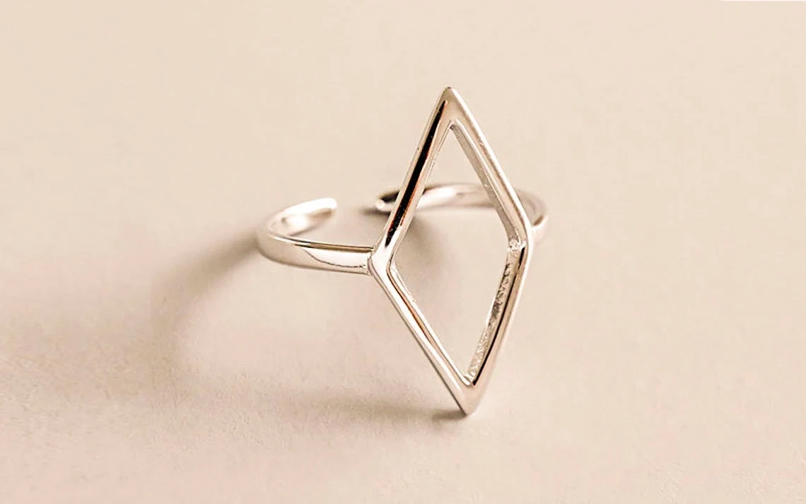 925 Sterling Silver Solid Diamond Shape Adjustable Ring Handmade Geometric Open Marquoise Dainty Stacking Ring Simple Minimalist Unisex Ring-11416170