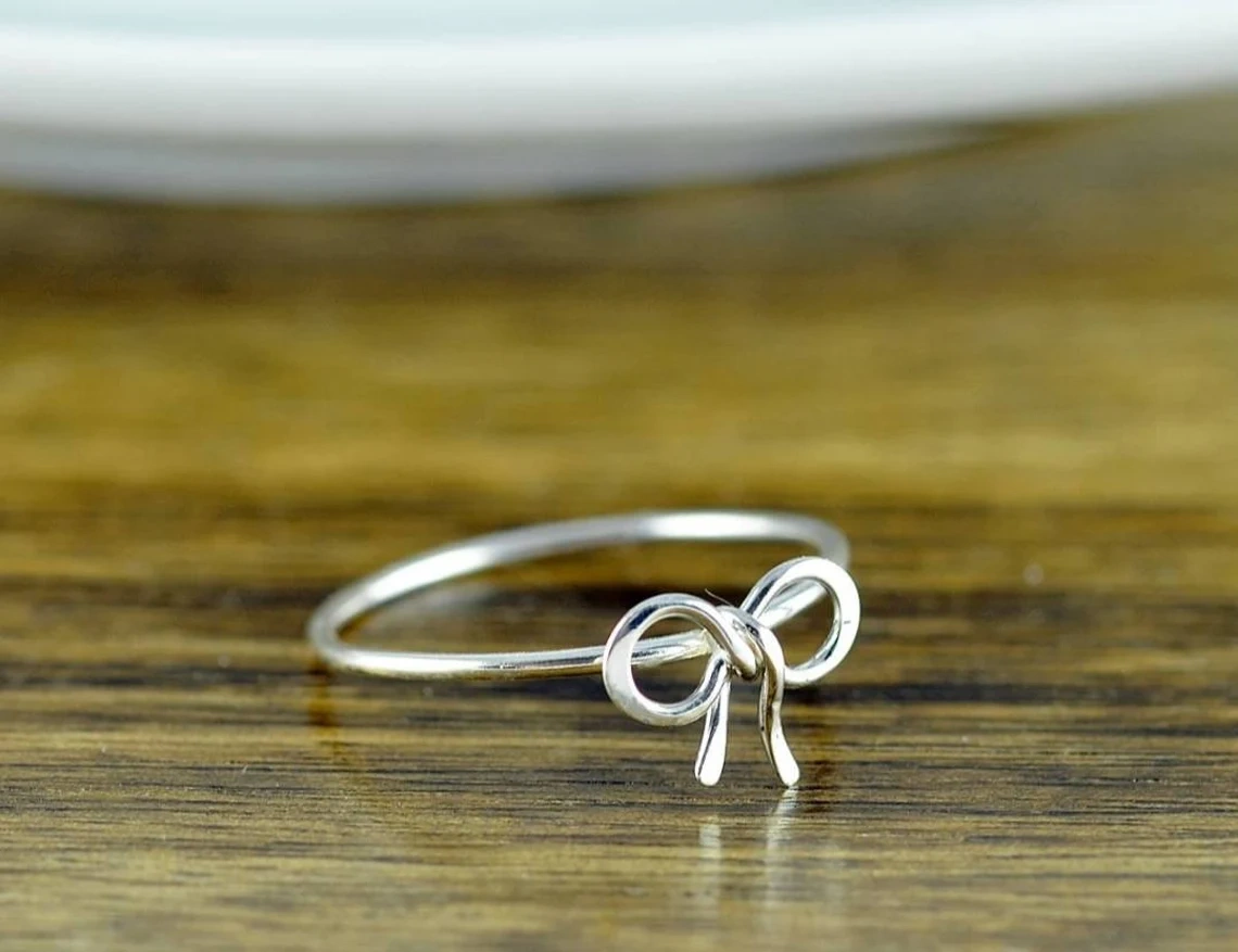 925 Sterling Silver Solid Skinny Tiny Bow tie Ring Handmade Dainty Stacking Ring Silver Simple Minimalistic Jewelry Unique Tie Knot Ring-10 3/4 US/Uk size – V-1