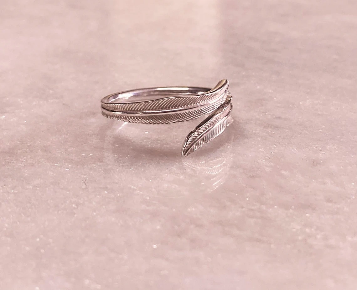 925 Sterling Silver Solid Bohemian Feather Adjustable Ring Handmade Delicate Dainty Stacking Ring Simple Minimalist Unique Boho hippie ring-10 3/4 US/Uk size – V-1