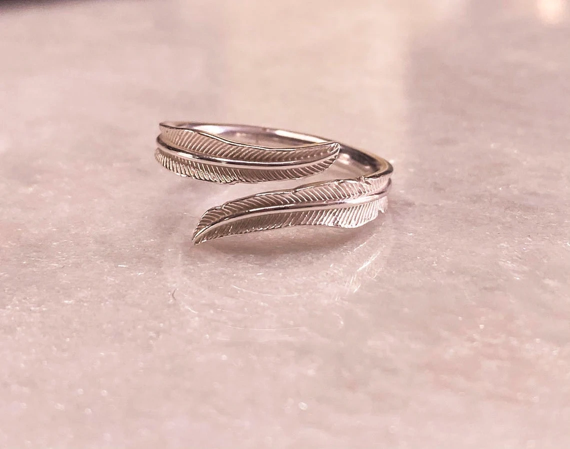 925 Sterling Silver Solid Bohemian Feather Adjustable Ring Handmade Delicate Dainty Stacking Ring Simple Minimalist Unique Boho hippie ring-10 3/4 US/Uk size – V-2