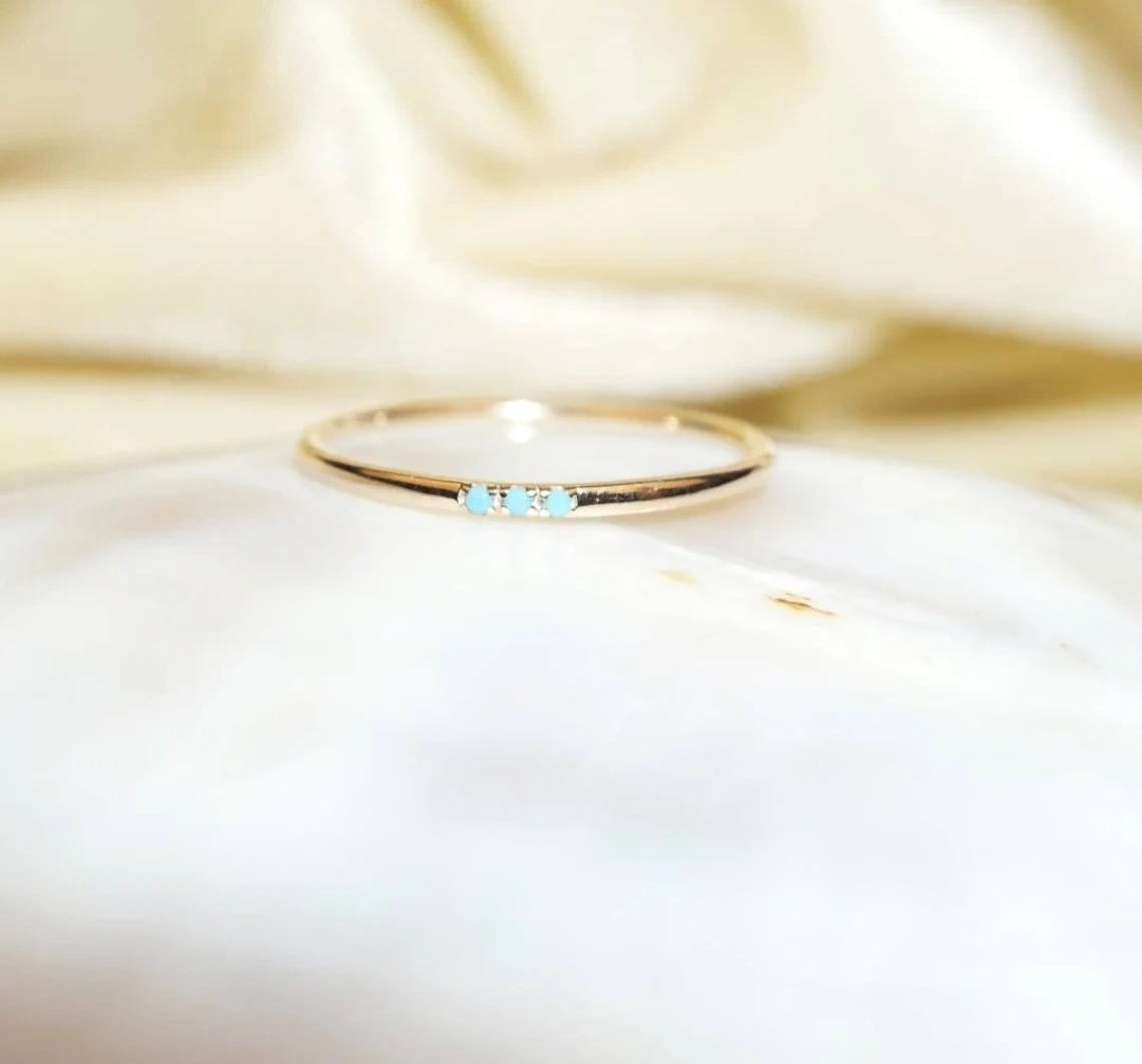 10K Solid Gold 1mm Turquoise Studded Dainty Ring Stacking Semi Precious Stone Minimalist Ring Inset Round Tiny handmade Unique Simple Ring-10 3/4 US/Uk size – V-4