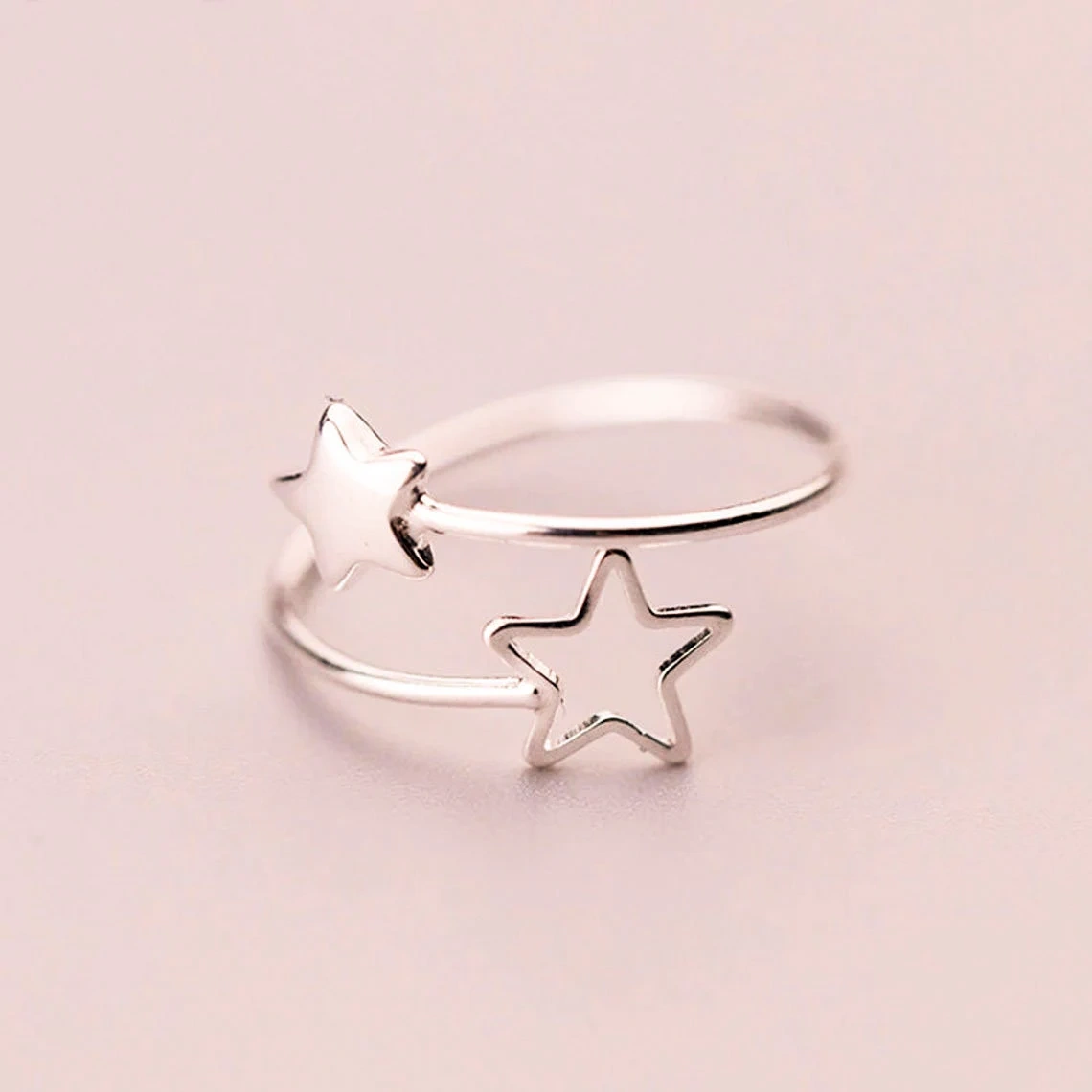 925 Solid Sterling Silver Double Star Design Adjustable Ring Dainty Unique Delicate Ring Minimalist Geometric Design Handmade Silver Ring-11417632