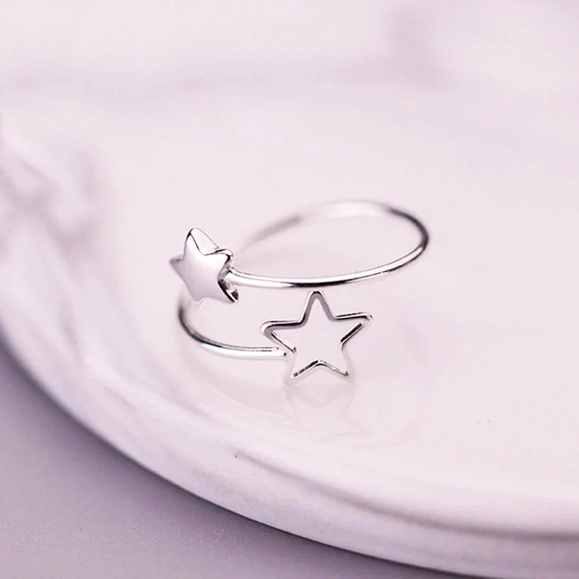 925 Solid Sterling Silver Double Star Design Adjustable Ring Dainty Unique Delicate Ring Minimalist Geometric Design Handmade Silver Ring-10 3/4 US/Uk size – V-1