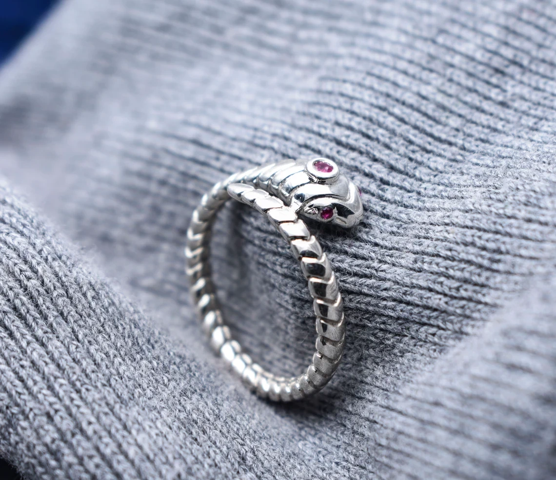 Natural 1mm Round Ruby 925 Sterling Silver Snake Adjustable Ring Silver Wrapped Up Open Snake Band Gothic Ruby Silver Trendy Unisex Ring-10 3/4 US/Uk size – V-1