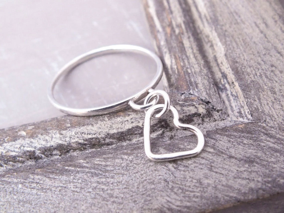 925 Sterling Silver Solid Skinny Plain Band Tiny Heart Charm Ring Handmade Dainty Stacking Love Ring Simple Minimalist Women Ring-11418972