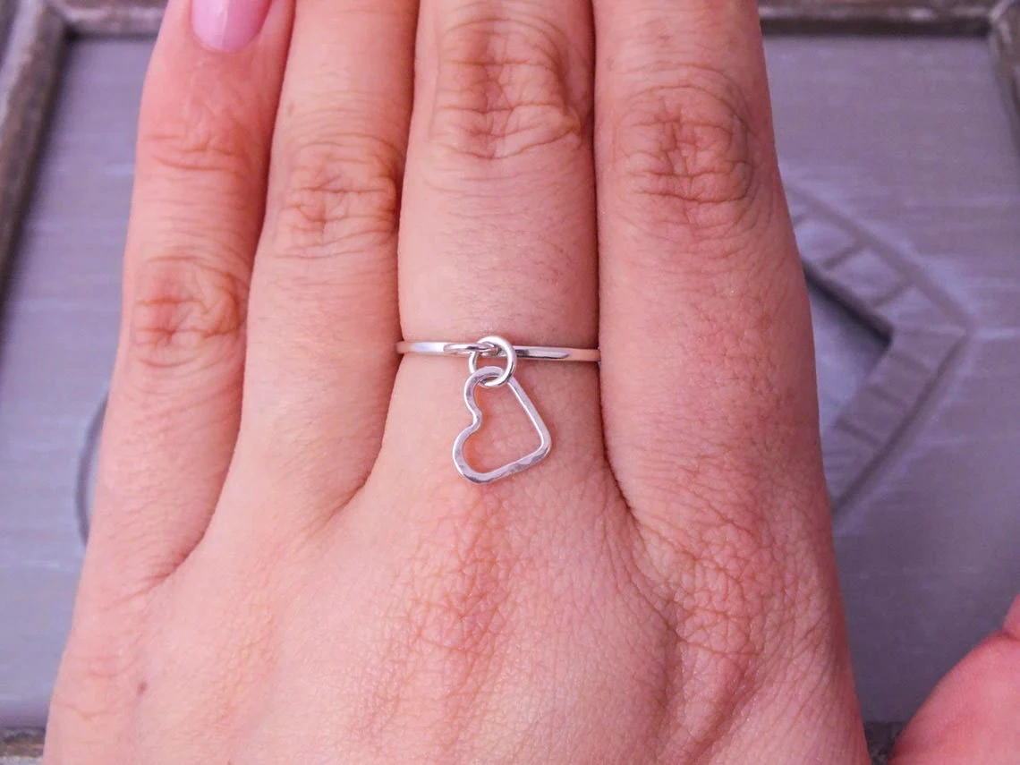 925 Sterling Silver Solid Skinny Plain Band Tiny Heart Charm Ring Handmade Dainty Stacking Love Ring Simple Minimalist Women Ring-10 3/4 US/Uk size – V-1