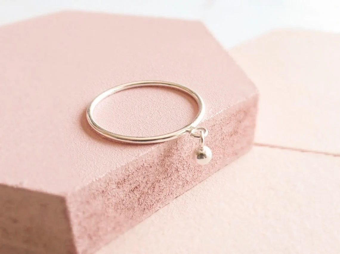 925 Sterling Silver Solid Skinny Plain Band Tiny Ball Charm Ring Handmade Dainty Stacking Geometric Contemporary Ring Simple Minimalist Ring-11419046