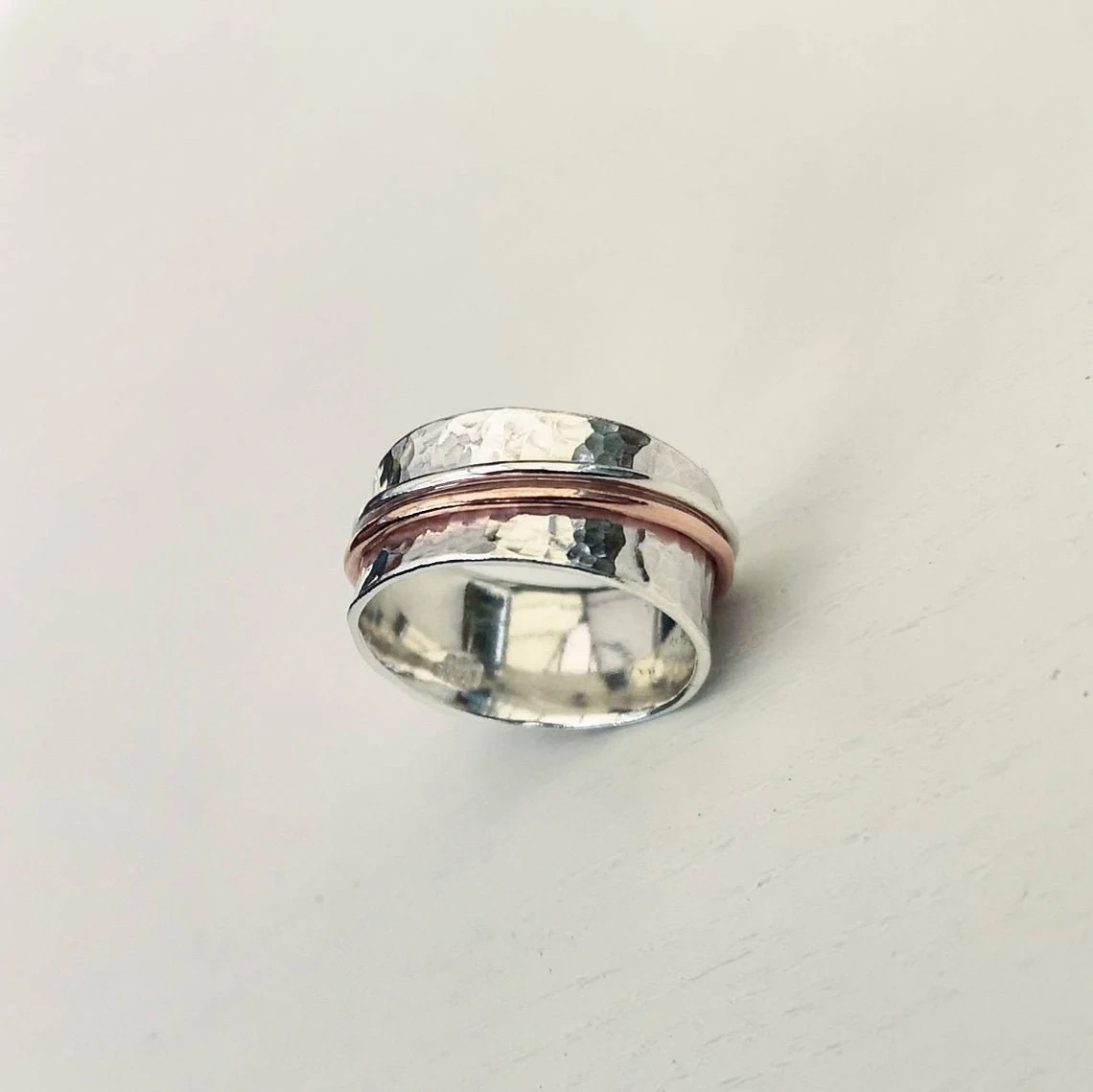 925 Sterling Silver Copper Solid Hammered Spinner Wider Band Ring Handmade Dainty Stacking Anxiety Fidget Thumb Worry Three Spinner Ring-11419638