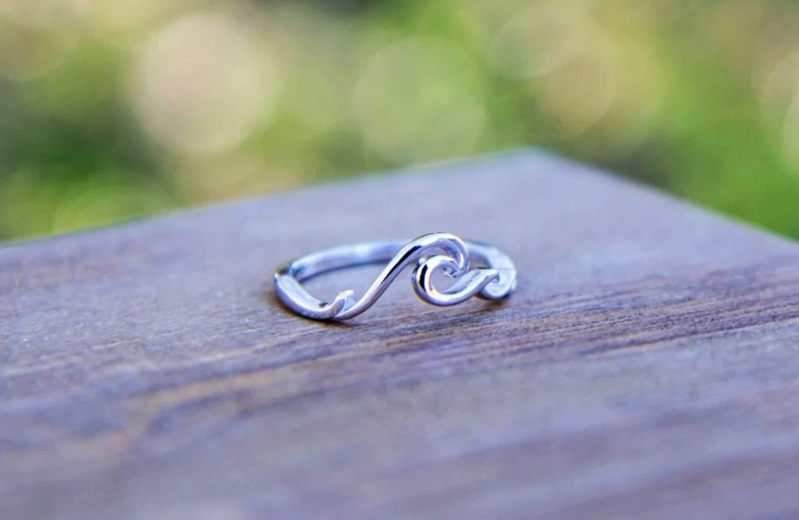 925 Sterling Silver Solid Crushing Ocean Wave Ring Handmade Dainty Stacking Ring Silver Simple Minimalistic Jewelry Unique Boho Beach Ring-11421922