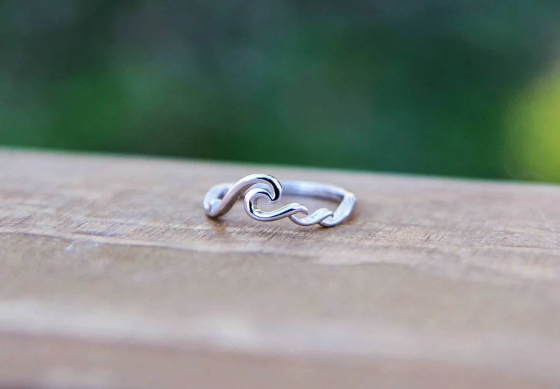 925 Sterling Silver Solid Crushing Ocean Wave Ring Handmade Dainty Stacking Ring Silver Simple Minimalistic Jewelry Unique Boho Beach Ring-10 3/4 US/Uk size – V-1