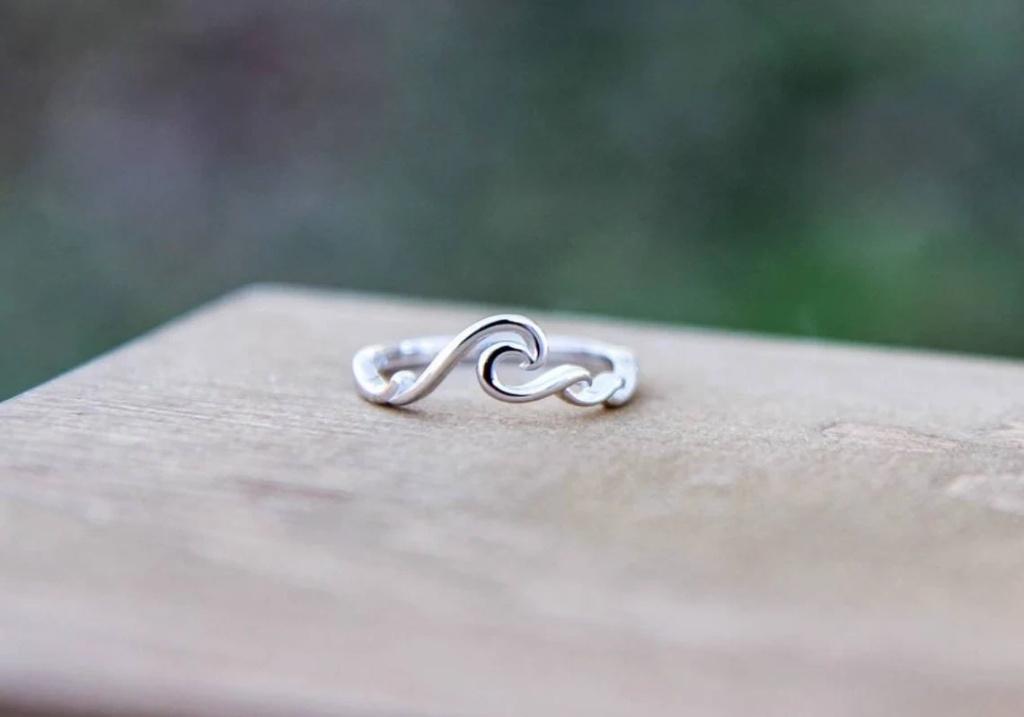 925 Sterling Silver Solid Crushing Ocean Wave Ring Handmade Dainty Stacking Ring Silver Simple Minimalistic Jewelry Unique Boho Beach Ring-10 3/4 US/Uk size – V-2