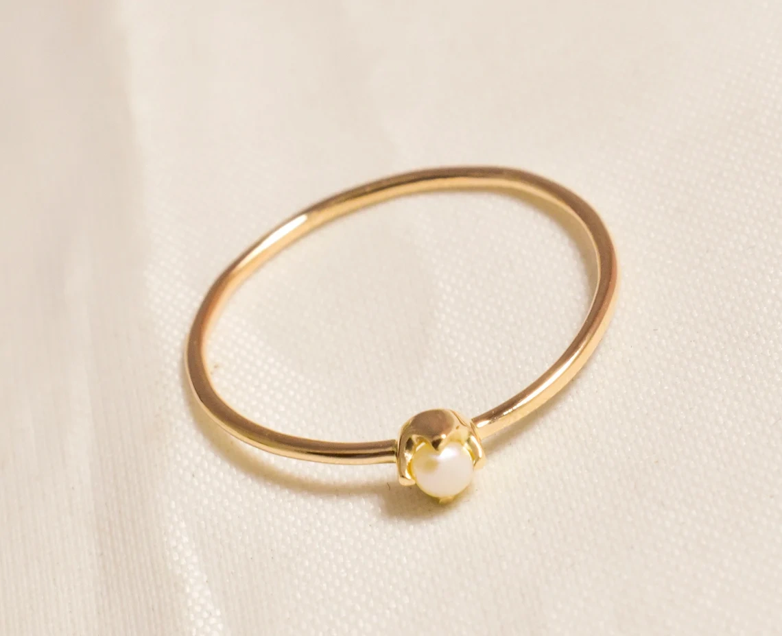 10K Solid Gold Round White Pearl Ring Natural Freshwater Pearl Studded Gold Ring June Birthstone Handmade Ring Gift for Her Bride jewelry-11422074