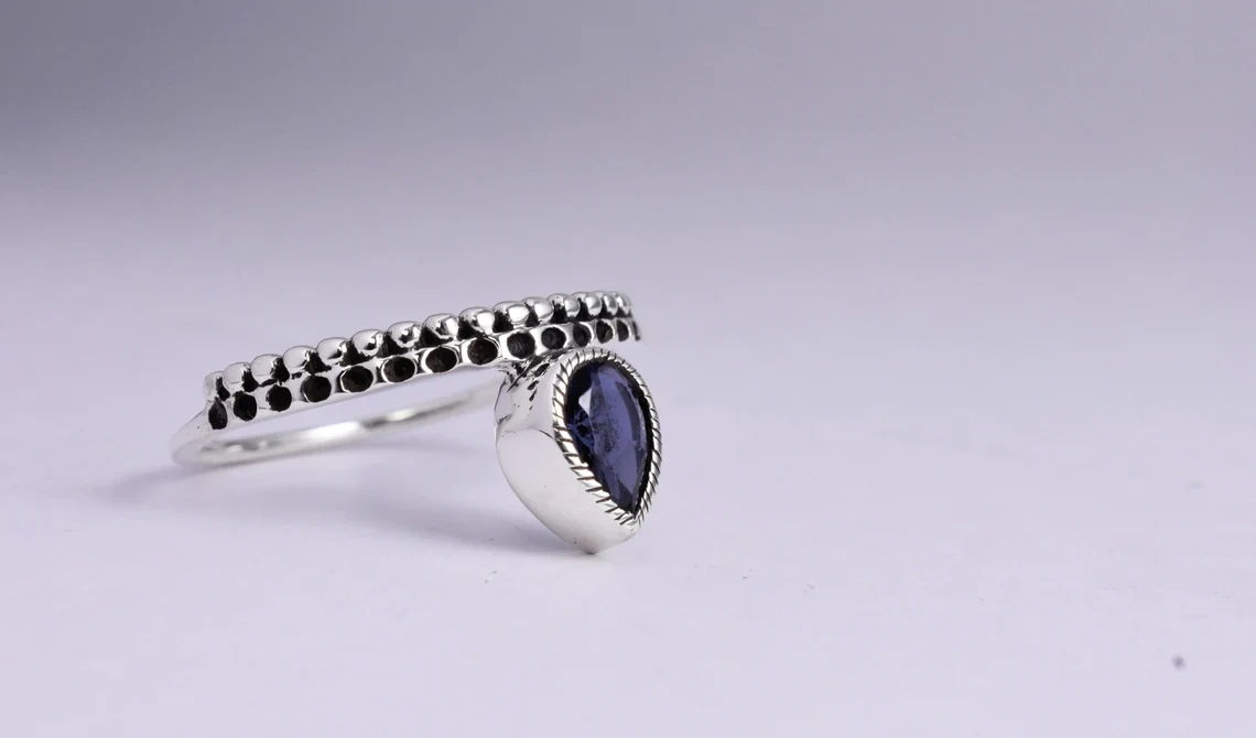 Iolite Studded Coronete 925 Sterling Silver Ring, Drop Shape Faceted Semi Precious Stone Studded White Rhodium Plated Gemstone Ring-11423132