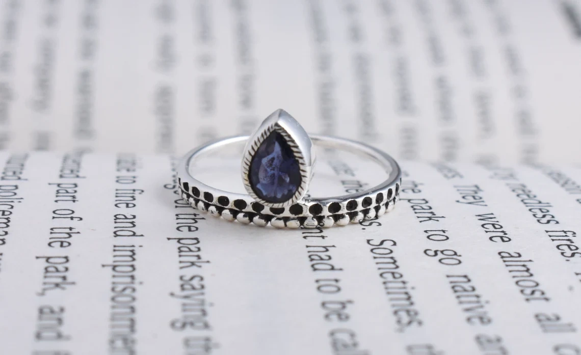 Iolite Studded Coronete 925 Sterling Silver Ring, Drop Shape Faceted Semi Precious Stone Studded White Rhodium Plated Gemstone Ring-10 3/4 US/Uk size – V-1