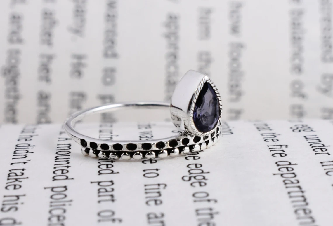 Iolite Studded Coronete 925 Sterling Silver Ring, Drop Shape Faceted Semi Precious Stone Studded White Rhodium Plated Gemstone Ring-10 3/4 US/Uk size – V-2